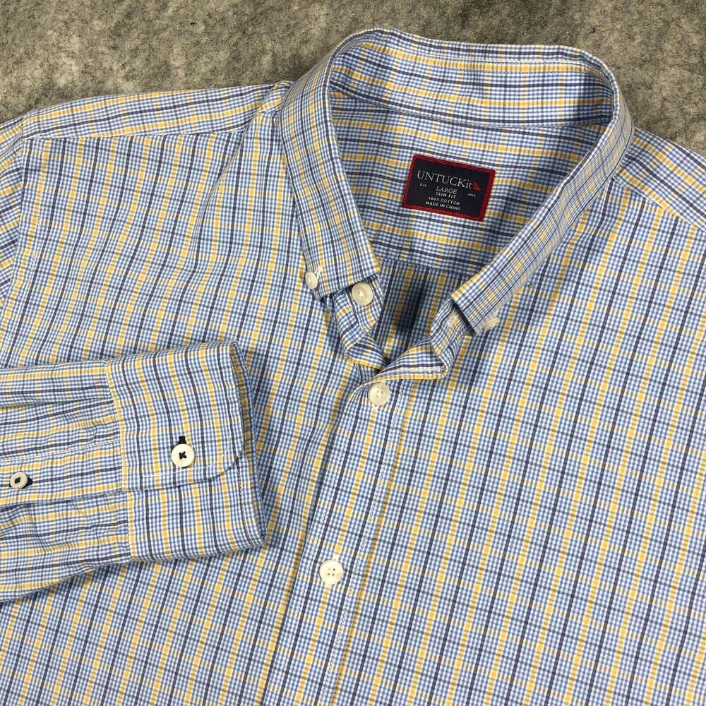 UNTUCKit Mens Button Up Shirt Large Blue Yellow Plaid Long Sleeve Slim Fit